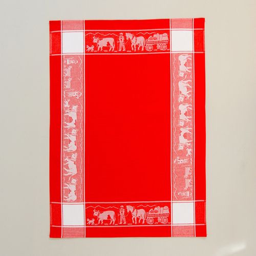 Kitchen Towel - Red with White Alpine Farmer Scene