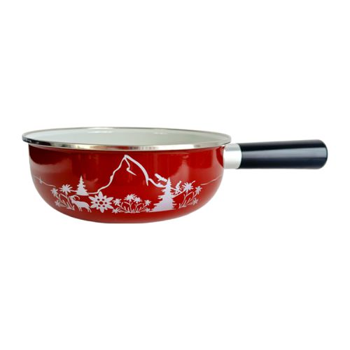 Red Enameled Cheese Fondue Pan with Silver Scherenschnitt Decor