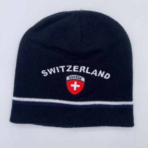 Black Knit Hat -  with embroidered Swiss Shield and Switzerland