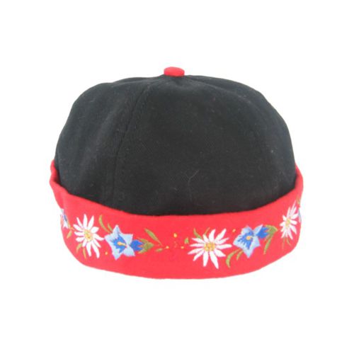 Swiss Beanie with Alpine Flower Embroidered Red Trim