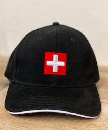 Black Baseball Cap with Embroidered Swiss Flag