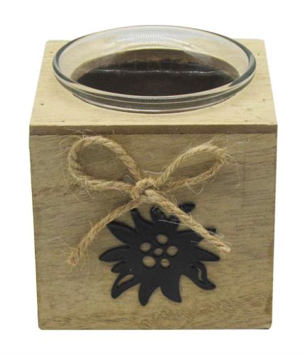 Wooden Candle Holder with Metal Edelweiss Decor