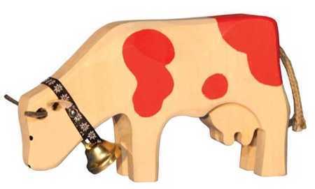 Carved Wooden Grazing Cow-Red Holstein